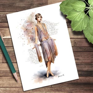May include: Watercolour illustration of a woman in a 1920s flapper dress. The dress is a mix of lavender, grey, and peach tones, with a matching scarf. The artwork includes a pearl necklace, a headpiece, and a background of script and soft watercolour blooms.