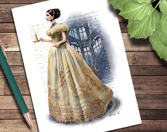 19th Century Gothic White, Fashion Illustration Note Card, Blank Greeting Card