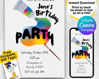 Art Birthday Party Invitation – Kids Painting Party, Editable Template (Digital Download)