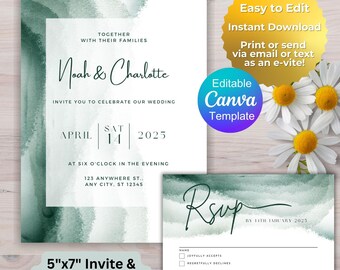 Wedding Invitation - Green Watercolor Customizable Wedding Invite - Editable Template, Instant Download, Printable or Digital