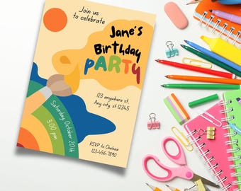 Art Birthday Party Invitation – Kids Painting Party, Editable Template (Digital Download)