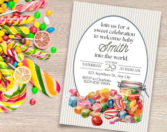 Candy Theme Baby Shower Invitation – Editable Template (Digital Download)