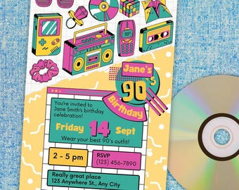 Totally Rad 90s-Themed Birthday Party Customizable Invitation - Editable Template, Instant Download, Printable or Digital