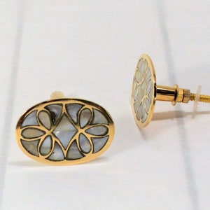 Oval Mother of Pearl Knob, Brass Furniture drawer pull, Gold Capiz Shell Cabinet Handle