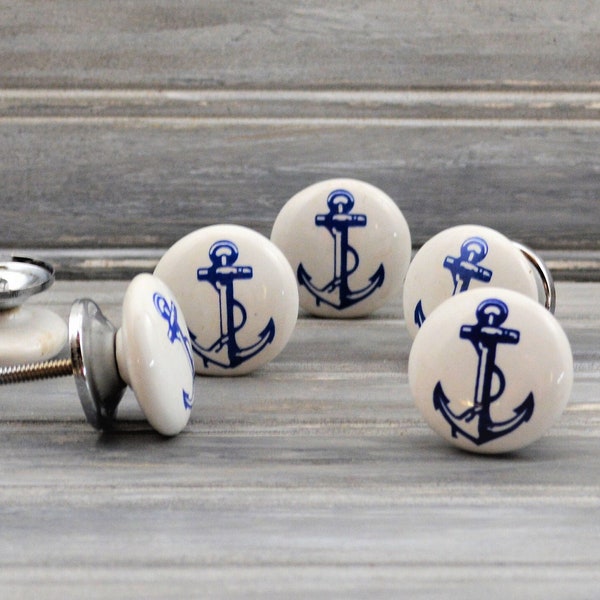 Nautical White and Blue Anchor Knob, Ceramic Furniture drawer pull, Cabinet Hardware