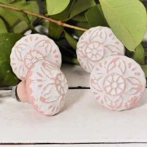 Pink and White Flower knob, Embossed Drawer Pull, Nursery Cabinet Hardware