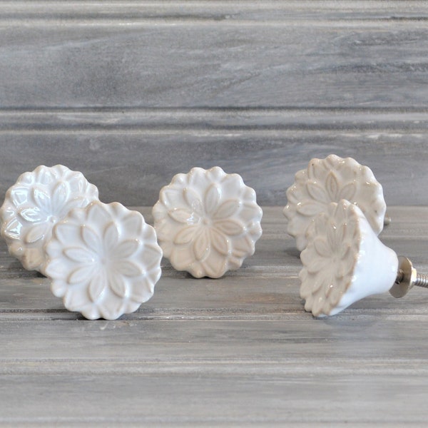 White Layered Floral Ceramic Knob, Furniture Drawer Pull, Cabinet Hardware