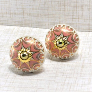 Pink and Brass Knob, Gold and Pink Star Drawer Pull, Ceramic Furniture drawer pull, Cabinet Hardware