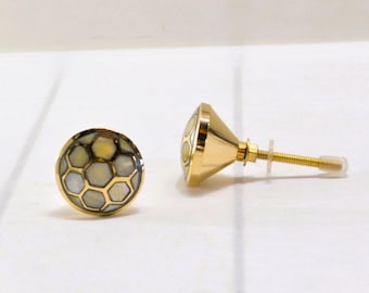 Mother of Pearl Honeycomb Knob, Brass Bee Furniture drawer pull, Gold and Capiz Shell Furniture Knob
