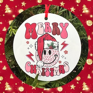 4 &quot;&quot;Aluminium Ornament, trendige Weihnachtsverzierung, Santa Emoji, Smiley Face Ornament, personalisiert, frohe Weihnachten