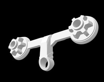 Op de afbeelding: Een wit, 3D-geëngineerd mechanisch onderdeel met een centrale steel en twee cirkelvormige uiteinden. Elk uiteinde heeft een tandwielachtig ontwerp. Het onderdeel heeft een ringvormig element dat zich uitstrekt vanaf de steel. De achtergrond is effen zwart.