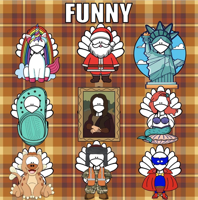 K&ouml;nnte beinhalten: Eine Sammlung skurriler Truthahn-Illustrationen, die jeweils als unterschiedliche Charaktere dargestellt werden, darunter ein Einhorn, der Weihnachtsmann, die Freiheitsstatue und die Mona Lisa. Das Wort "FUNNY" wird oben auf einem karierten Hintergrund angezeigt.