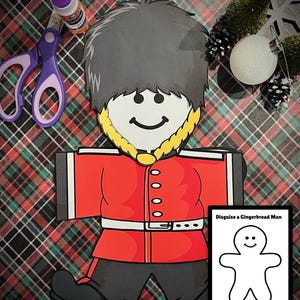 May include: A craft project to disguise a gingerbread man as a British guard. The project includes a gingerbread man template, a red and black guard uniform, and a black hat with a red plume.