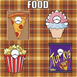 K&ouml;nnte beinhalten: Cartoon-Illustration mit dem Wort "FOOD" oben, das ein Pizzast&uuml;ck, eine Eist&uuml;te, Popcorn und eine T&uuml;te Chips zeigt. Die Pizza hat Peperoni. Das Eis hat rosa und blaue Glasur. Das Popcorn befindet sich in einem rot-wei&szlig; gestreiften Eimer. Die Chips sind in einer lila T&uuml;te.
