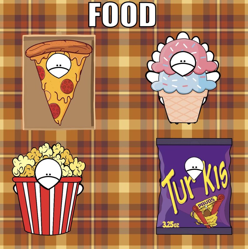 K&ouml;nnte beinhalten: Cartoon-Illustration mit dem Wort "FOOD" oben, das ein Pizzast&uuml;ck, eine Eist&uuml;te, Popcorn und eine T&uuml;te Chips zeigt. Die Pizza hat Peperoni. Das Eis hat rosa und blaue Glasur. Das Popcorn befindet sich in einem rot-wei&szlig; gestreiften Eimer. Die Chips sind in einer lila T&uuml;te.