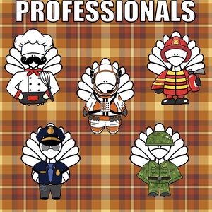 K&ouml;nnte beinhalten: Cartoon-Illustration von Truth&auml;hnen, die als verschiedene Berufsgruppen gekleidet sind: Koch, Astronaut, Feuerwehrmann, Polizist und Soldat. Das Wort &bdquo;PROFESSIONALS&ldquo; steht in wei&szlig;en Buchstaben. Der Hintergrund zeigt ein kariertes Muster in Braun- und Gelbt&ouml;nen.