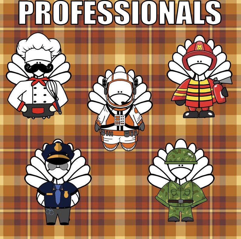 K&ouml;nnte beinhalten: Cartoon-Illustration von Truth&auml;hnen, die als verschiedene Berufsgruppen gekleidet sind: Koch, Astronaut, Feuerwehrmann, Polizist und Soldat. Das Wort &bdquo;PROFESSIONALS&ldquo; steht in wei&szlig;en Buchstaben. Der Hintergrund zeigt ein kariertes Muster in Braun- und Gelbt&ouml;nen.