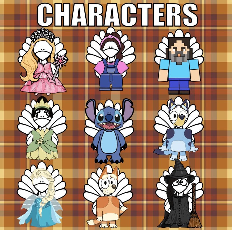 K&ouml;nnte beinhalten: Ein Raster von neun Zeichentrickfiguren mit Truthahn-f&ouml;rmigen K&ouml;rpern, darunter eine Prinzessin, Stitch und Bluey, vor einem karierten Hintergrund. Das Wort "CHARACTERS" steht oben. Jede Figur ist einzigartig gekleidet und gef&auml;rbt.