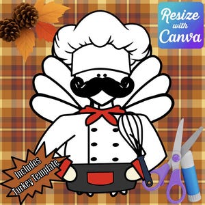 Puede incluir: Ilustración de un pavo disfrazado de chef, con gorro de cocinero, bigote y delantal. La imagen incluye un batidor, tijeras y barra de pegamento. Texto: "Includes Turkey Template" y "Resize with Canva." Fondo a cuadros.