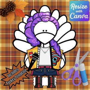 K&ouml;nnte beinhalten: Eine Cartoon-Truthahnfigur mit lila Haaren, die eine gelbe Jacke und Jeansshorts tr&auml;gt und ein Mikrofon h&auml;lt. Das Bild enth&auml;lt den Text "Includes Turkey Template". Schere und Kleber sind ebenfalls vorhanden.