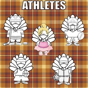 K&ouml;nnte beinhalten: Cartoon-Illustration von Truth&uuml;hnern, die als Athleten verkleidet sind. Das Bild zeigt einen Hockeyspieler, eine Ballerina, einen Footballspieler, einen Basketballspieler und einen Baseballspieler. Das Wort "ATHLETES" steht oben.