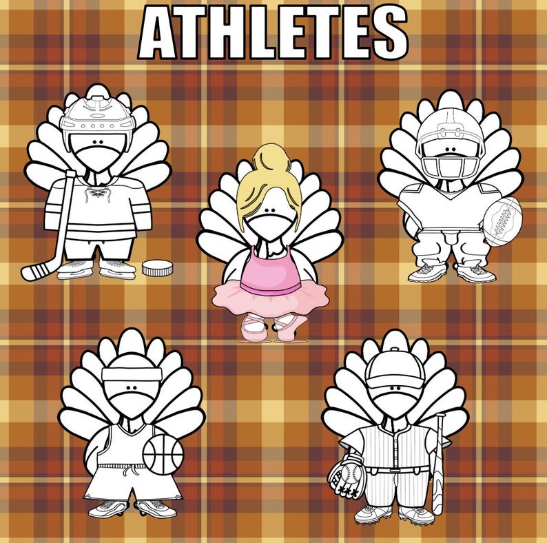 K&ouml;nnte beinhalten: Cartoon-Illustration von Truth&uuml;hnern, die als Athleten verkleidet sind. Das Bild zeigt einen Hockeyspieler, eine Ballerina, einen Footballspieler, einen Basketballspieler und einen Baseballspieler. Das Wort "ATHLETES" steht oben.