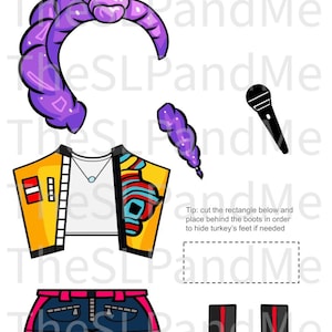 K&ouml;nnte beinhalten: Ein Papierspielzeug-Set mit einer lila Frisur, einer gelben Jacke mit farbenfrohem Design, einem wei&szlig;en Oberteil, Jeansshorts, schwarzen Stiefeln und einem Mikrofon. Der Text "TheSLPandMe" ist sichtbar.