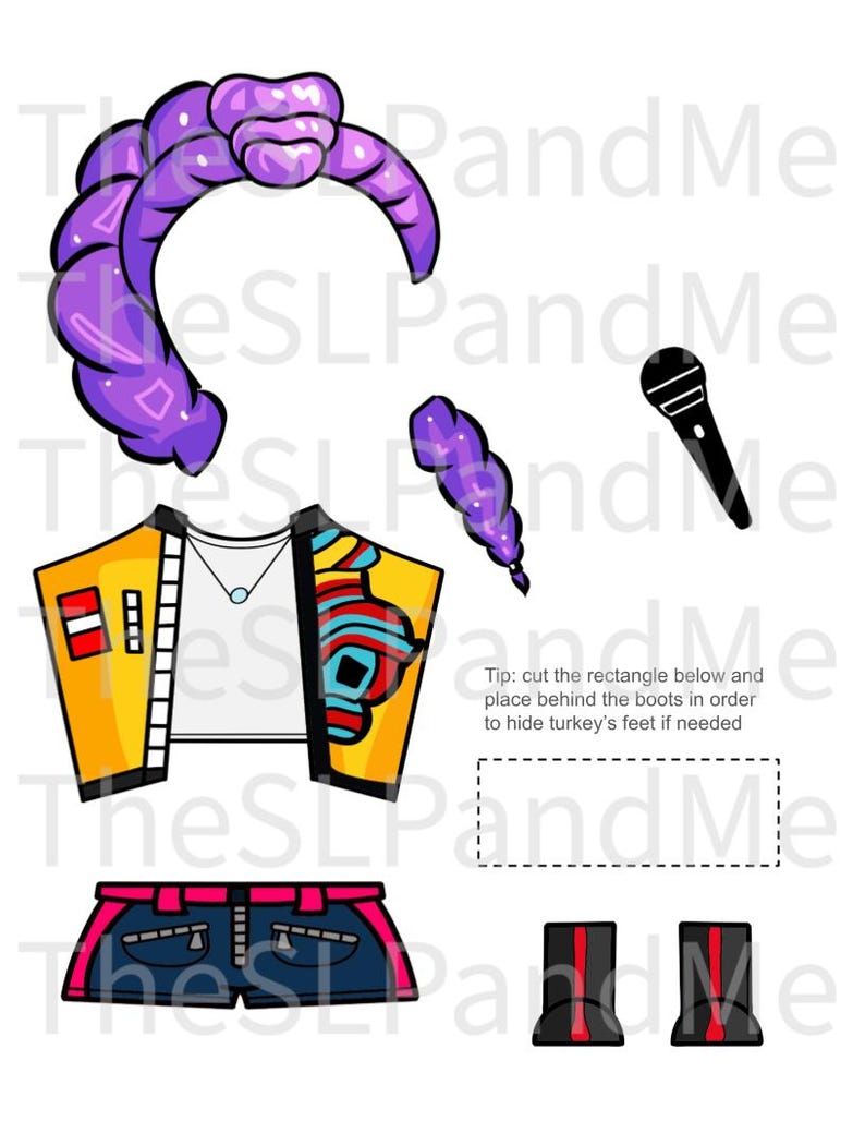 K&ouml;nnte beinhalten: Ein Papierspielzeug-Set mit einer lila Frisur, einer gelben Jacke mit farbenfrohem Design, einem wei&szlig;en Oberteil, Jeansshorts, schwarzen Stiefeln und einem Mikrofon. Der Text "TheSLPandMe" ist sichtbar.