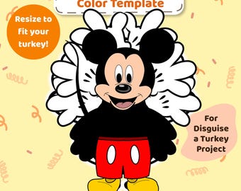 May include: A digital Mouse color template for a disguise a turkey project. The graphic features a black mouse character with red shorts and yellow shoes, surrounded by white hand-shaped cutouts. Text includes Mouse Color Template, Resize to fit your turkey!, For Disguise a Turkey Project, Print Cut Glue, and Instant Download.
