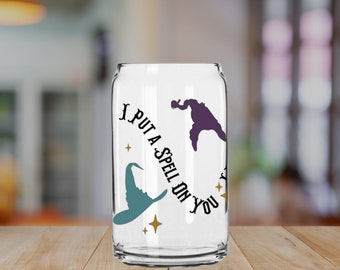 I Put A Spell On You Full Wrap 16oz Can Glass w/ Bamboo Lid & Glass Straw!
