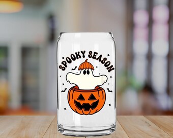 Spooky Season Full Wrap 16oz Can Glass w/ Bamboo Lid & Glass Straw!