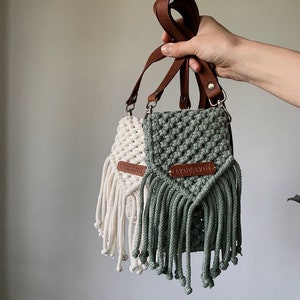 Borsa a tracolla/ Custodia per cellulare/ Borsa in cotone macramè con cinturino in pelle