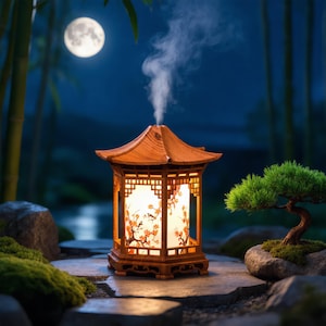 May include: A wooden pagoda-style essential oil diffuser with a hexagonal frame and a light-coloured cylindrical centre panel featuring a delicate cherry blossom branch pattern. A thin stream of white mist rises from the top of the structure.