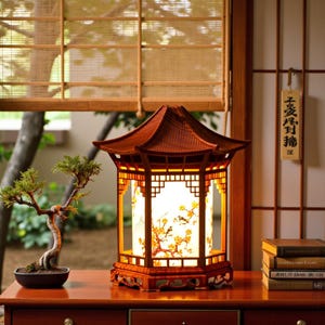 May include: A wooden pagoda-style lamp with a warm glow. The lamp features a detailed, carved base and roof, with a paper shade displaying a floral and bird design. A small bonsai tree sits nearby on a wooden surface.