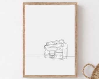 Minimalist Boombox Line Art Print, Old School Radio Poster (Digital Download)