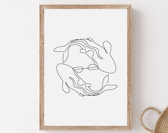 Minimalist Koi Fish Line Art Print, Modern Black and White (Digital Download)