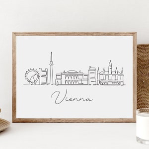 Arte de parede do horizonte de Viena, pôster imprimível de Viena, impressão de viagem na Áustria, desenho minimalista da cidade austríaca, presente de casa em preto e branco de Viena