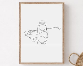 Woman Golfer Line Art Print, Minimalist Golf Room Decor (Digital Download)