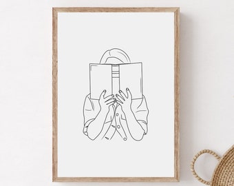 Woman Reading Line Art Print, Book Lover Gift (Digital Download)