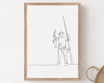 Minimalist Fisherman Line Art, Printable Fisherman Poster, Black And White Fisherman Print, Fishing Home Decor, Fisherman Gift, Digital Art