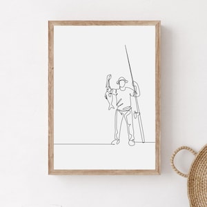 Minimalist Fisherman Line Art, Printable Fisherman Poster, Black And White Fisherman Print, Fishing Home Decor, Fisherman Gift, Digital Art