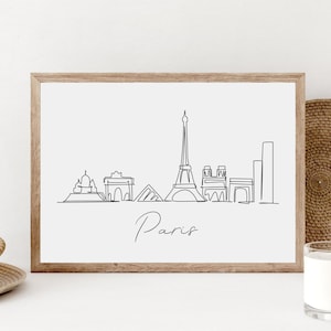 Paris Skyline Poster, Black And White Minimalist Paris Wall Art, Paris Landmarks Drawing, Paris Cityscape Print, Printable Paris Decoration
