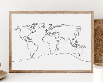 Minimalistische wereldkaart lijntekeningen print, woondecoratie reizen (digitale download)