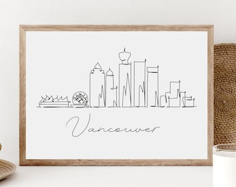 Lámina con el horizonte de Vancouver, arte mural minimalista de paisaje urbano (descarga digital)