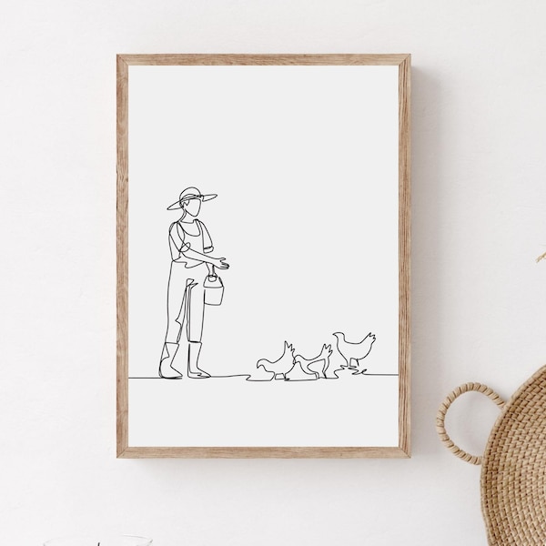 Minimalist Countryside Wall Art, Printable Woman And Chickens Print, Allotment Gift, Chickens Wall Print, Farmer Poster, Farming Wall Art