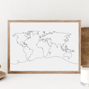 Dessin au trait carte du monde minimaliste, voyage, décoration d'intérieur, affiche de carte du monde artistique imprimable, carte du monde imprimable, décoration d'intérieur géographie