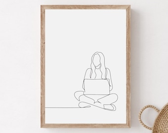 Minimalist Computer Science Student Line Art, Woman Programmer Poster, Woman IT Professional Wall Art, Work From Home Print, Home Office