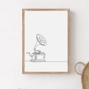 Minimalist Vintage Gramophone Line Art, Printable Retro Home Decor, Old Gramophone Poster, Modern Bedroom Print, Vintage Gramophone Art