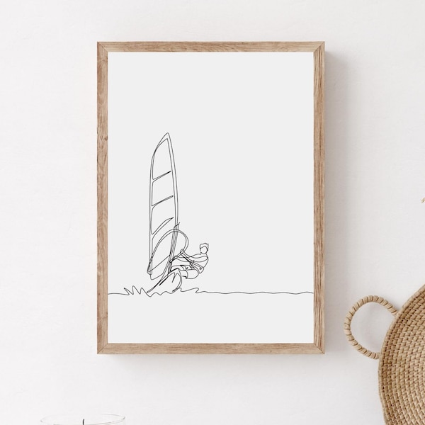 Printable Windsurfing Poster, Minimalist Windsurfer Man Wall Print, Windsurfing Illustration Room Decor, Windsurfing Gift, Digital Download