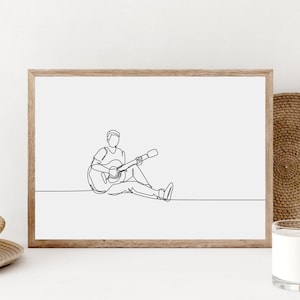 Minimalist Guitar Player Line Art Print, Boy Room Decor (Digital Art)